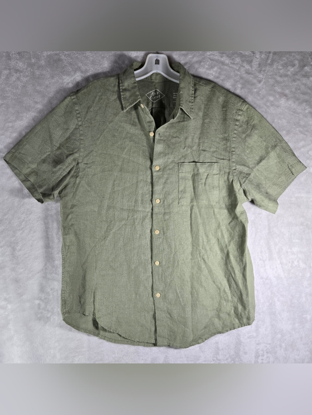 Alex Crane 100% Linen Button Up Short Sleeve Shirt Men Size L Large Green Pocket